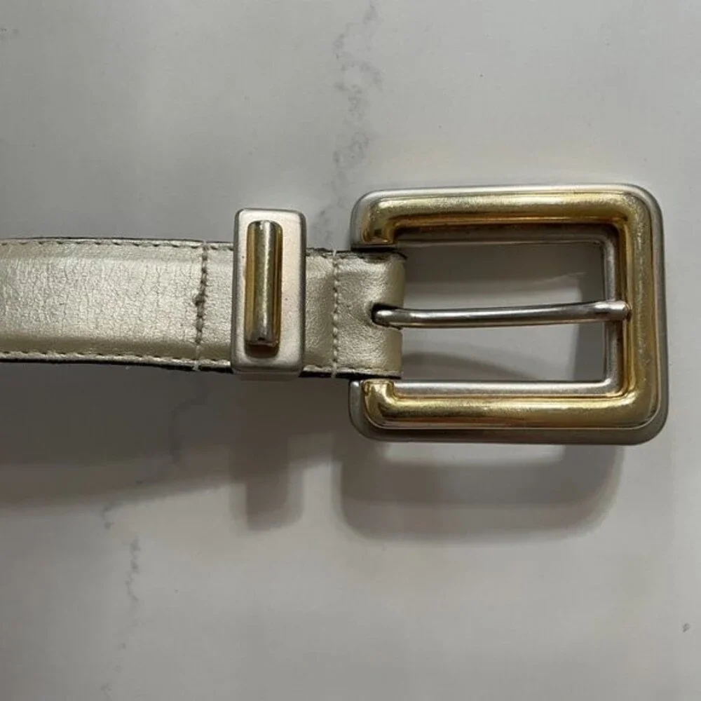 Vintage Creamy Metallic Leather Belt Mixed Metals Gold Silver Buckle - Small